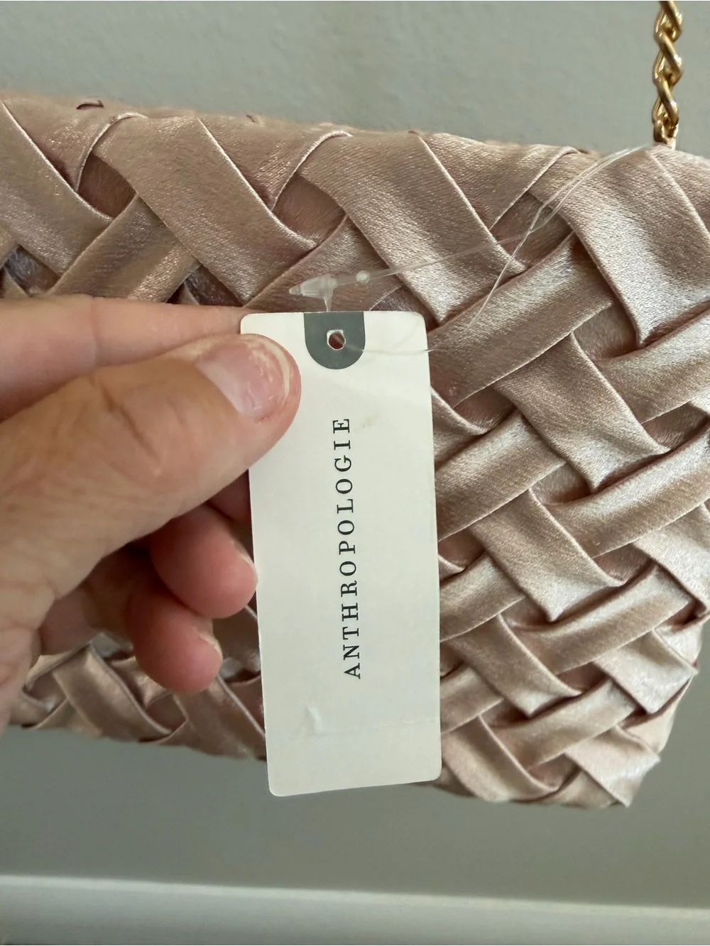 Anthropologie woven satin clutch features a braided design & removable chain NWT
